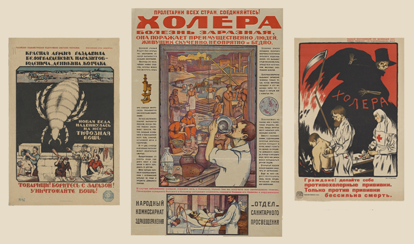 Collage of three Russian posters circa 1922 about fighting diseases 