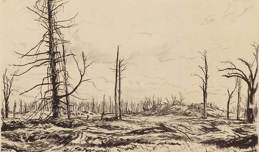 Artwork showing desolation of the Western Front, WWI by Muirhead Bone
