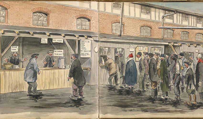 Ruhleben camp drawing, the canteen by Robert Walker, 1915