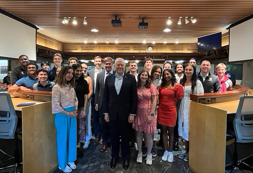 Sec. Frank Kendall III poses with Stanford students enrolled in defense innovation courses on May 21, 2024. 