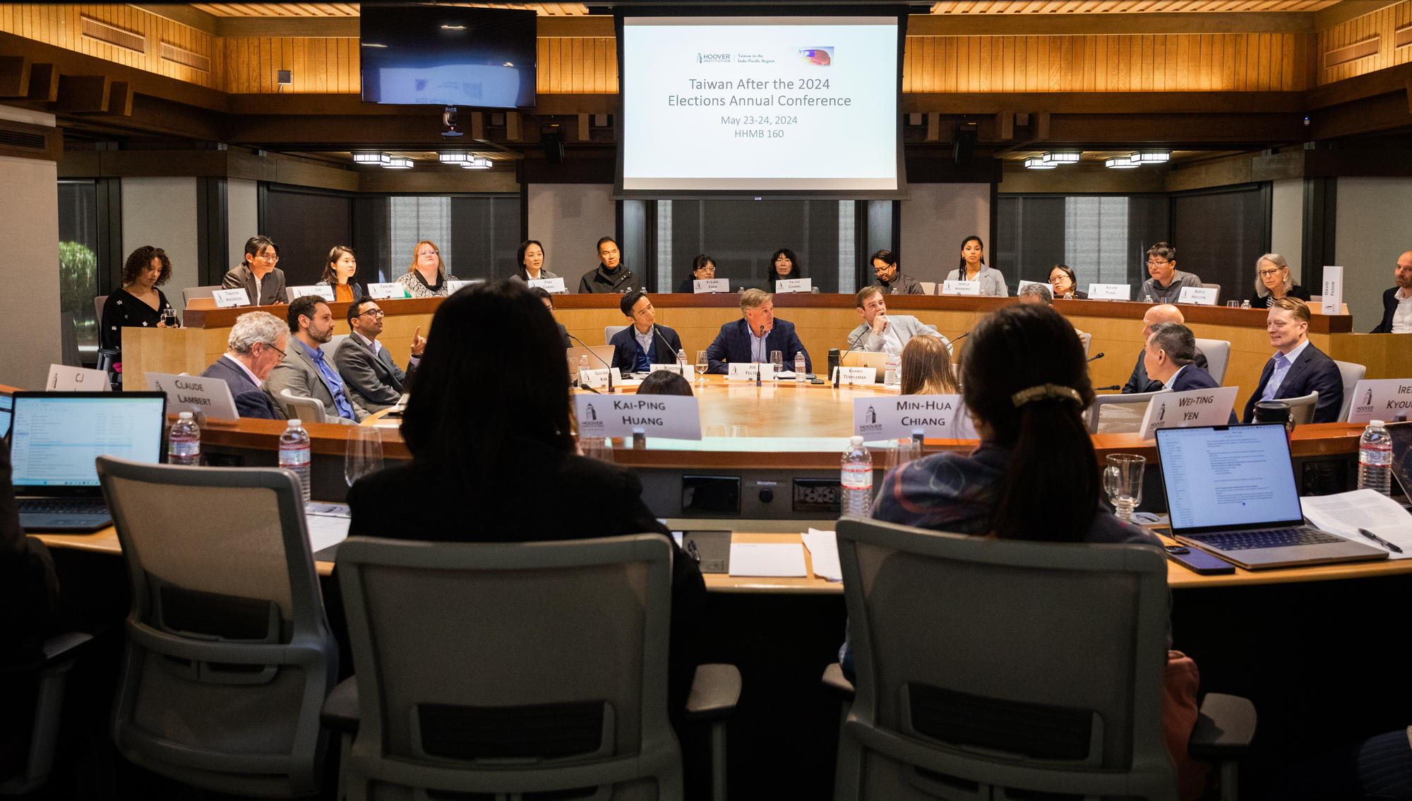 Scholars are seen discussing Taiwan’s future at the Hoover Institution on May 23, 2024. 