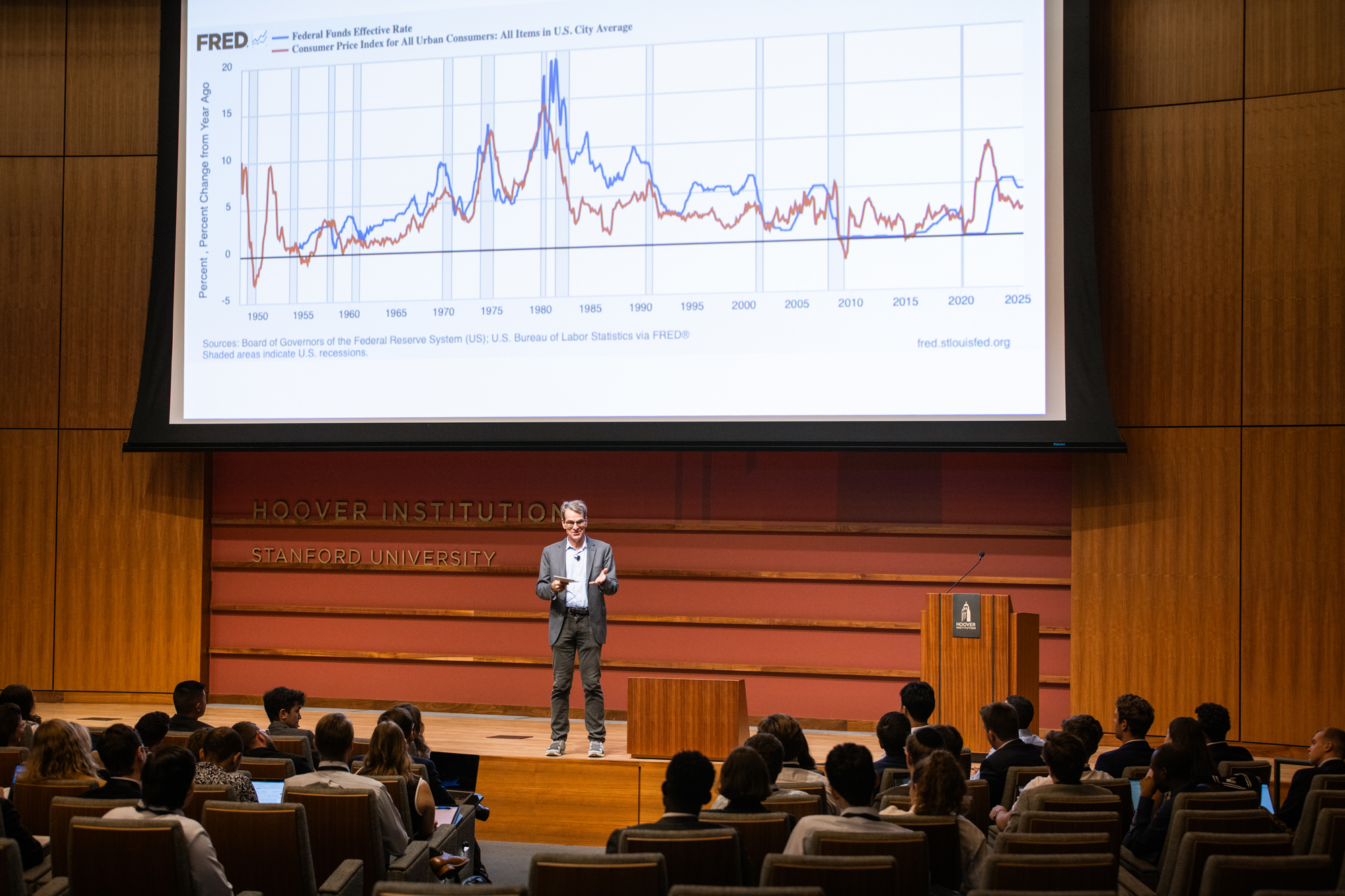 Senior Fellow John H. Cochrane speaks about inflation and its causes in Hauck Auditorium on August 11, 2025. (Patrick Beaudouin)