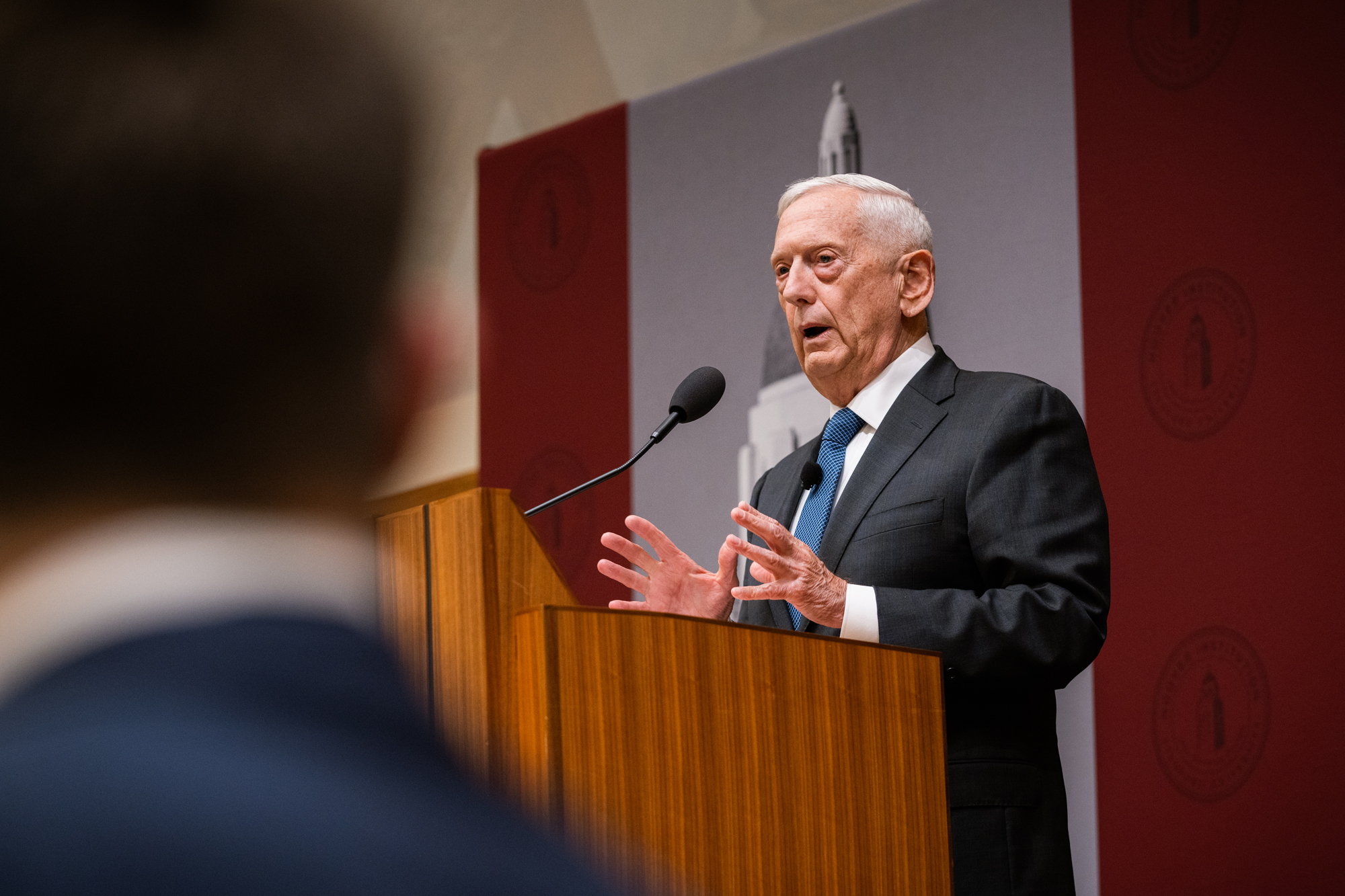 Distinguished Fellow Gen. Jim Mattis speaks about American unity and America’s enduring alliances in Blount Hall on August 14, 2025. (Patrick Beaudouin)