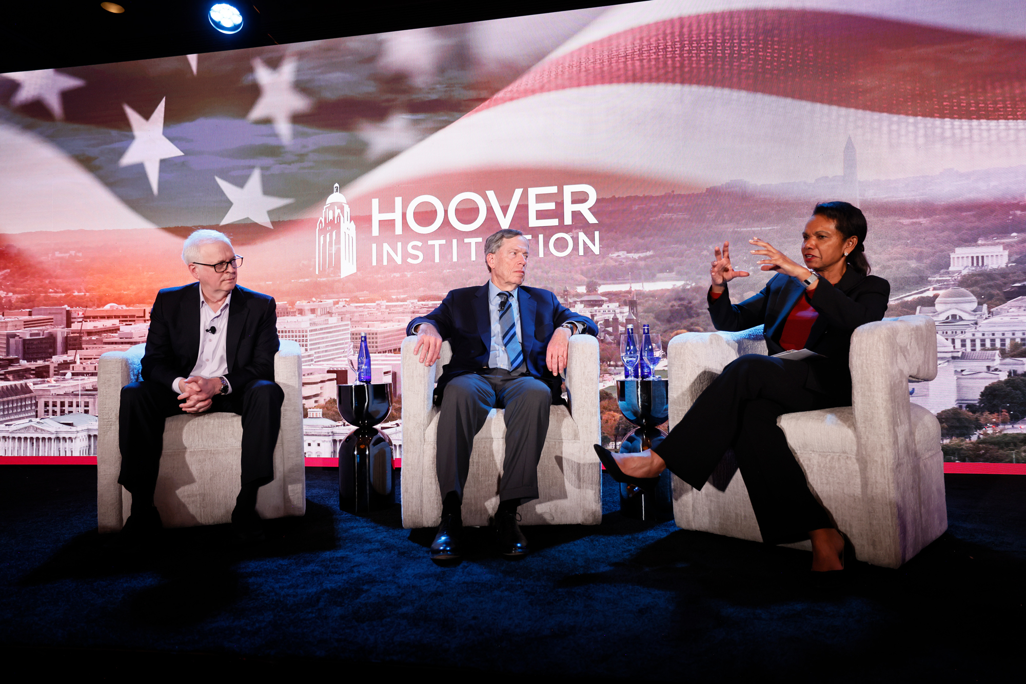 (From left to right) Hoover Fellows Steven J. Davis and Philip Zelikow and Hoover Institution Director Condoleezza Rice share more about the new Economic and Security Commons initiative on February 23, 2026. (Eric Draper)