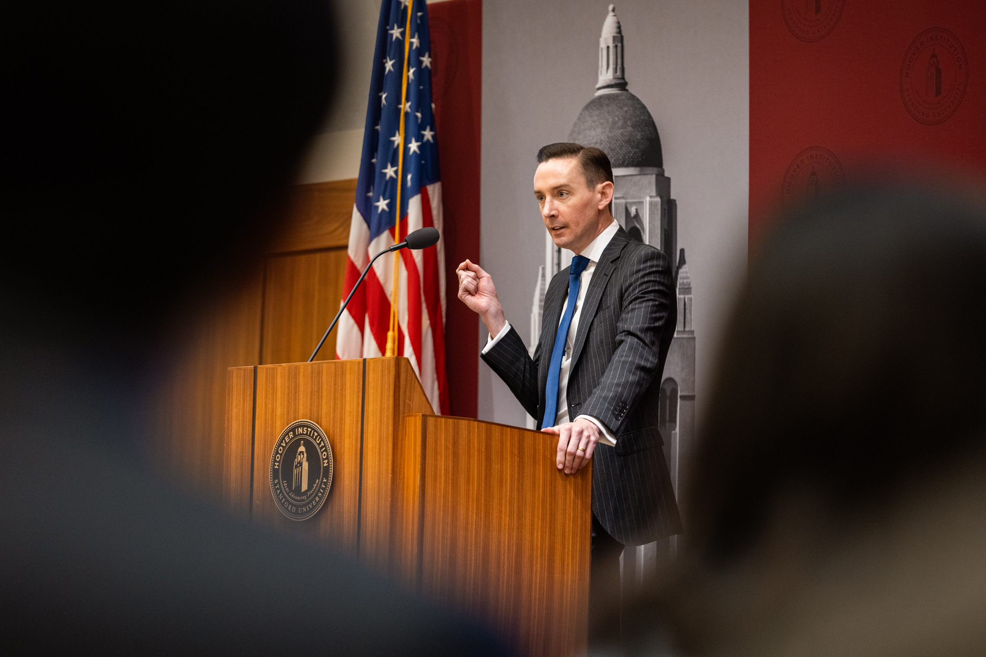 Tyler Goodspeed speaks in Hoover’s Blount Hall on May 8, 2026. (Patrick Beaudouin)