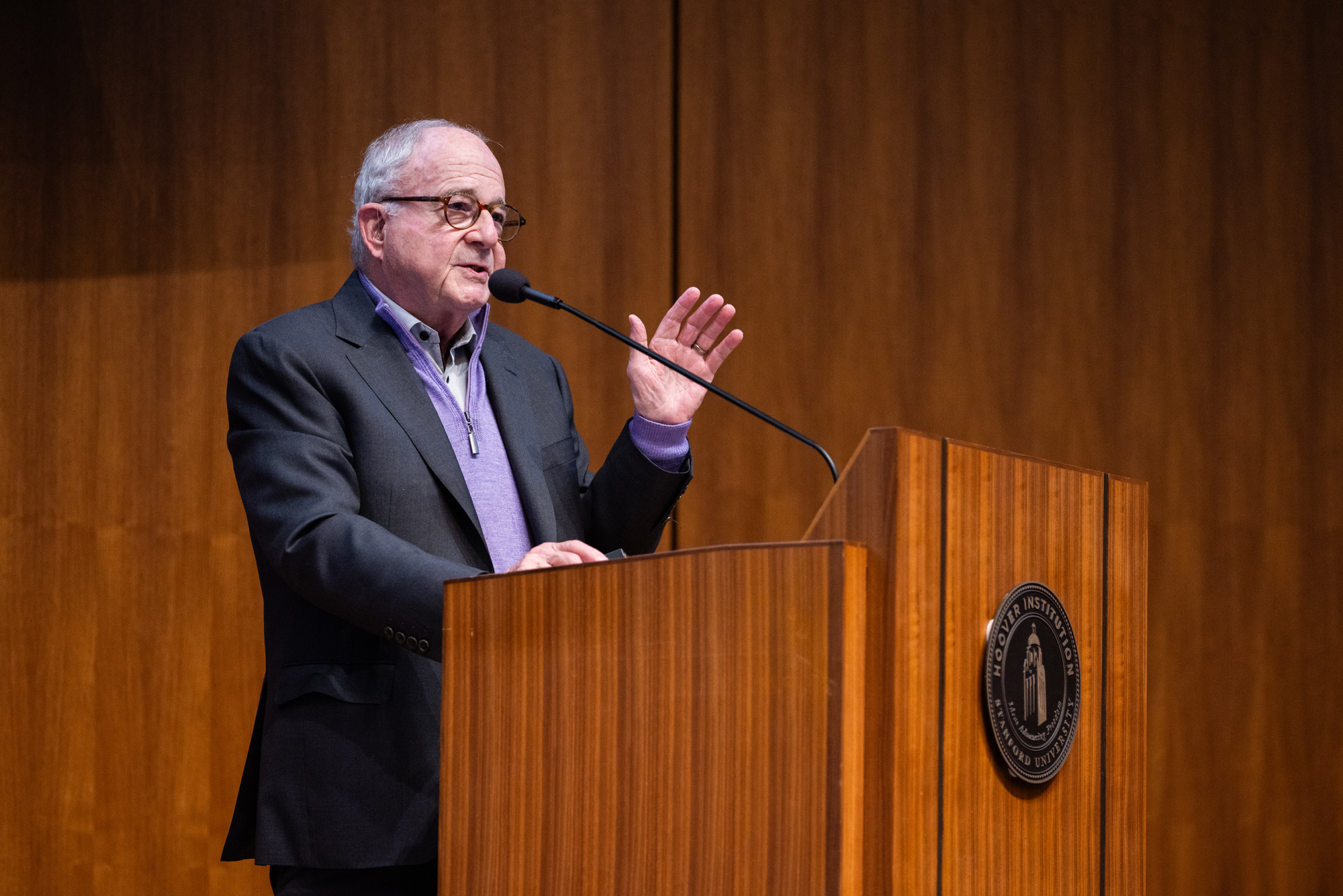 Michael Bordo speaks about the fiscal history of Britain in Hoover’s Hauck Auditorium on May 8, 2026. (Patrick Beaudouin)