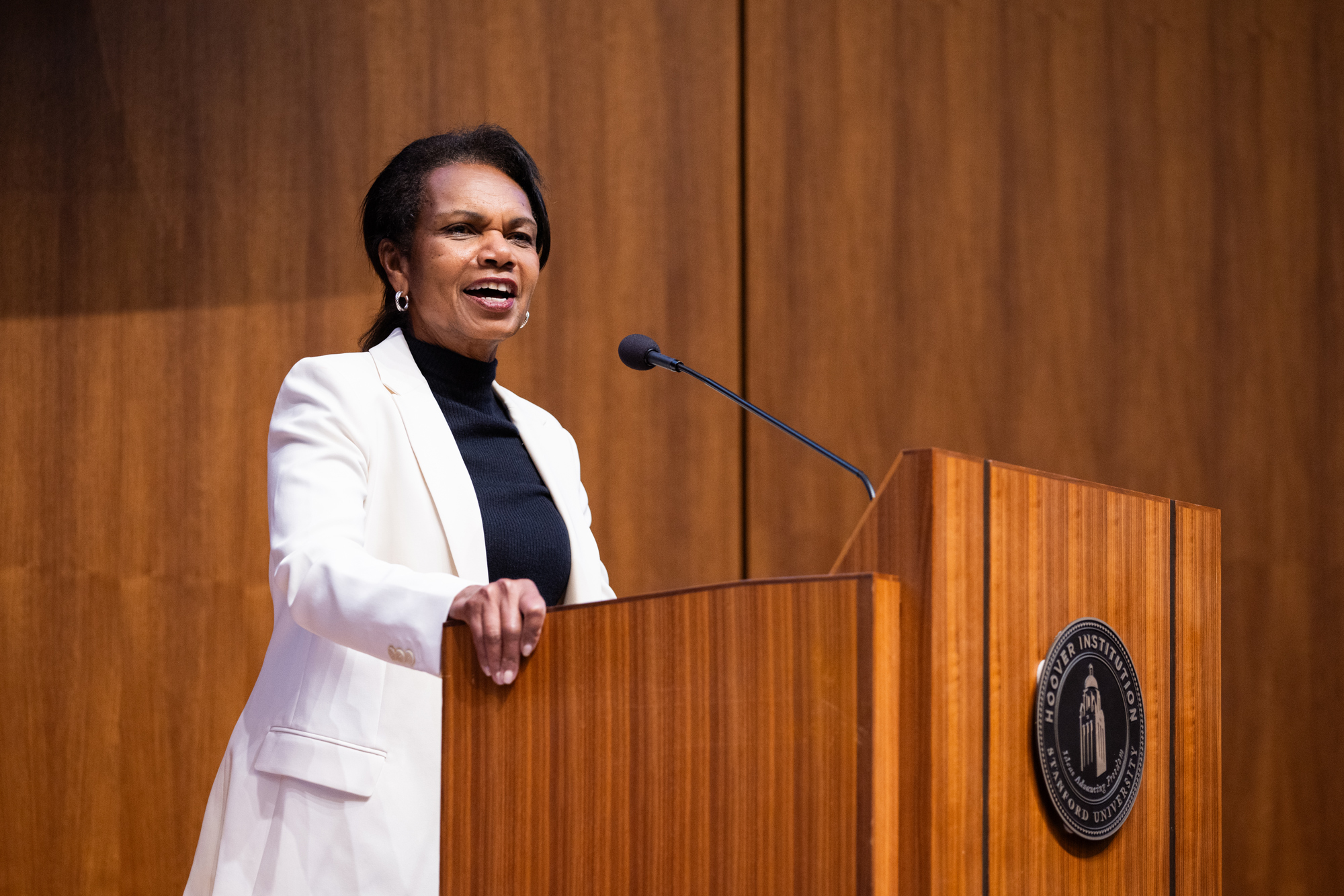 Hoover Institution Director Condoleezza Rice speaks in Hoover’s Hauck Auditorium on May 8, 2026. (Patrick Beaudouin)