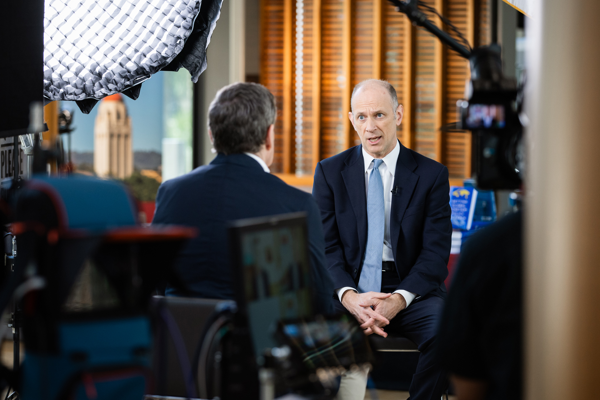 Austan Goolsbee speaks in a live television news interview held in Hoover’s Traitel Pavilion on May 8, 2026. (Patrick Beaudouin)