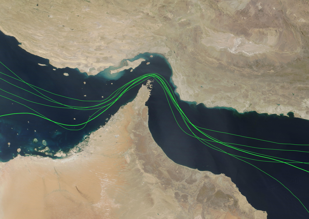 Map of Strait of Hormuz shipping traffic disruption, Gulf oil tanker routes, Middle East crisis 2026, Open - stock photo