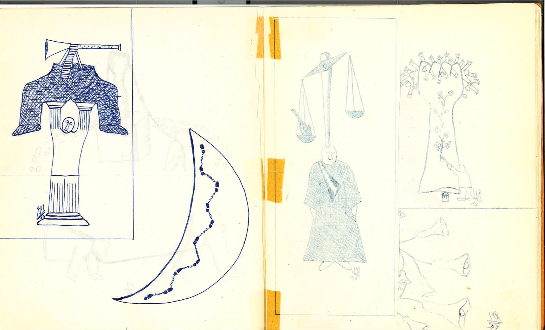 Image 1: lead: the fist dissolving into tessellated birds, “10th” notebook, p. 9 ink version