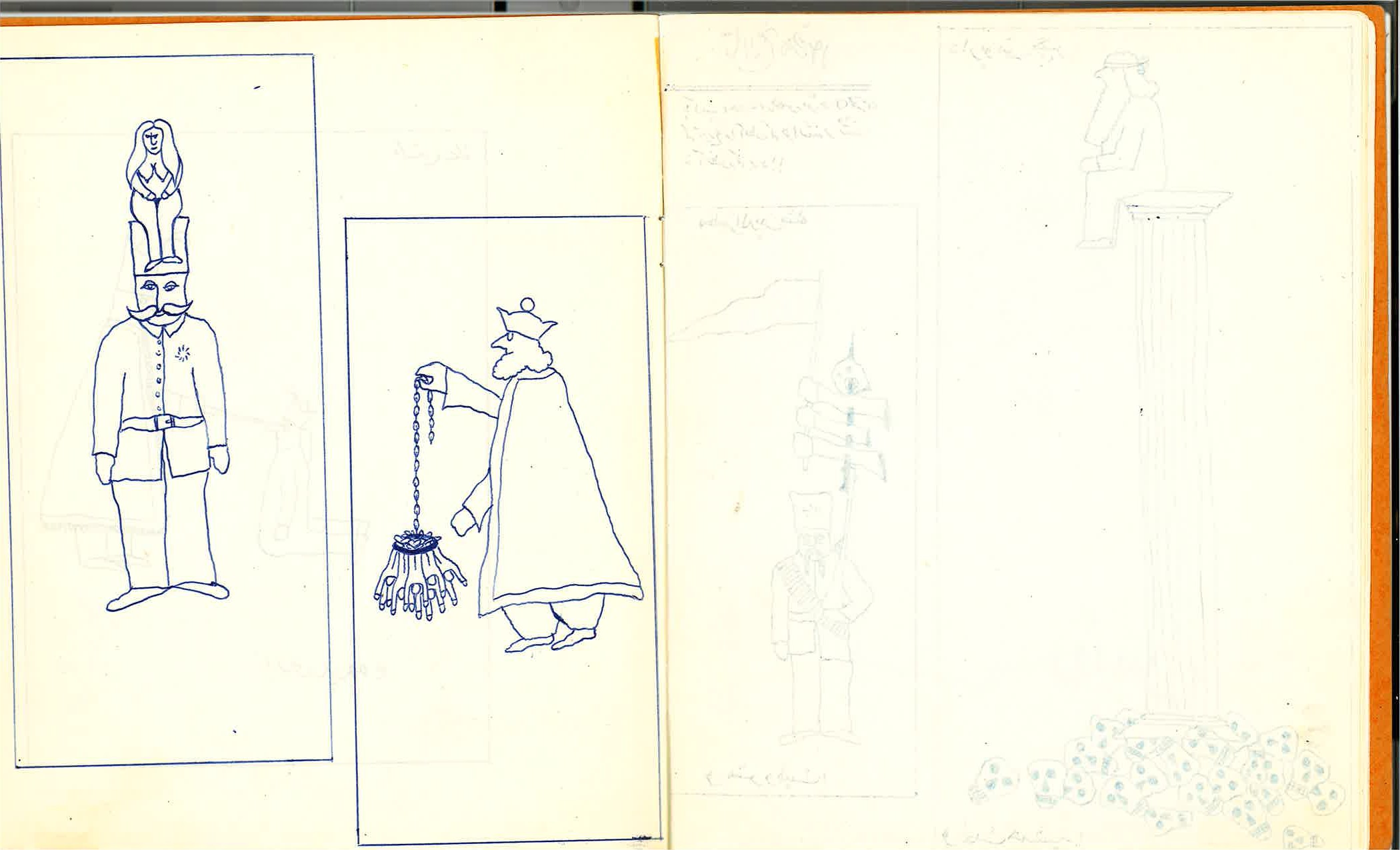 Image 3: Tārikh-e Moṣavvar (Illustrated History) series, “9th” notebook, pp. 5–6: the satirical king panels