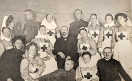 A Red Cross hospital tent filled with injured and recovering patients is shown in one of the photographs