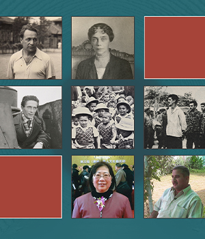 A three-by-three grid displaying seven historical portraits and photos alongside two red accent blocks, all on a teal background.