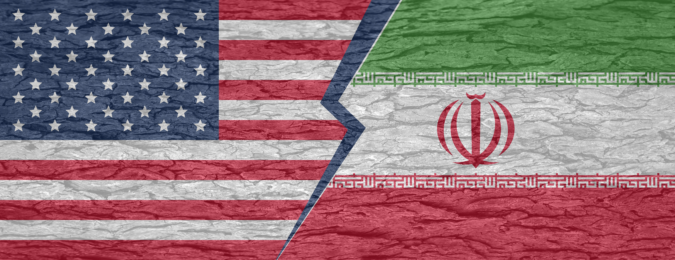 Severed ground separating the countries of america and iran on a cracked surface - stock illustration