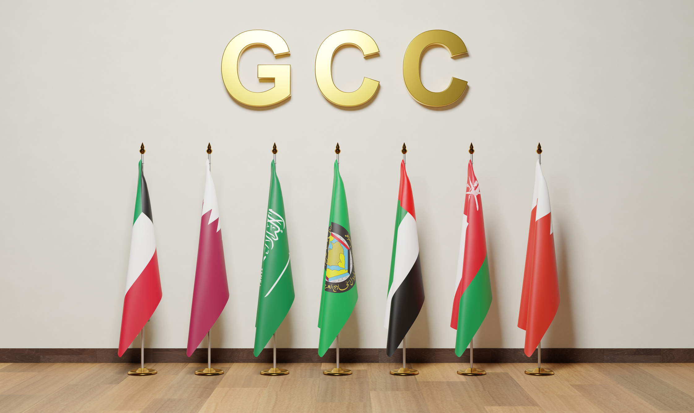 Flags of the Gulf Cooperation Council countries, Bahrain, Kuwait, Oman, Qatar, Saudi Arabia, and the United Arab Emirates. - stock photo