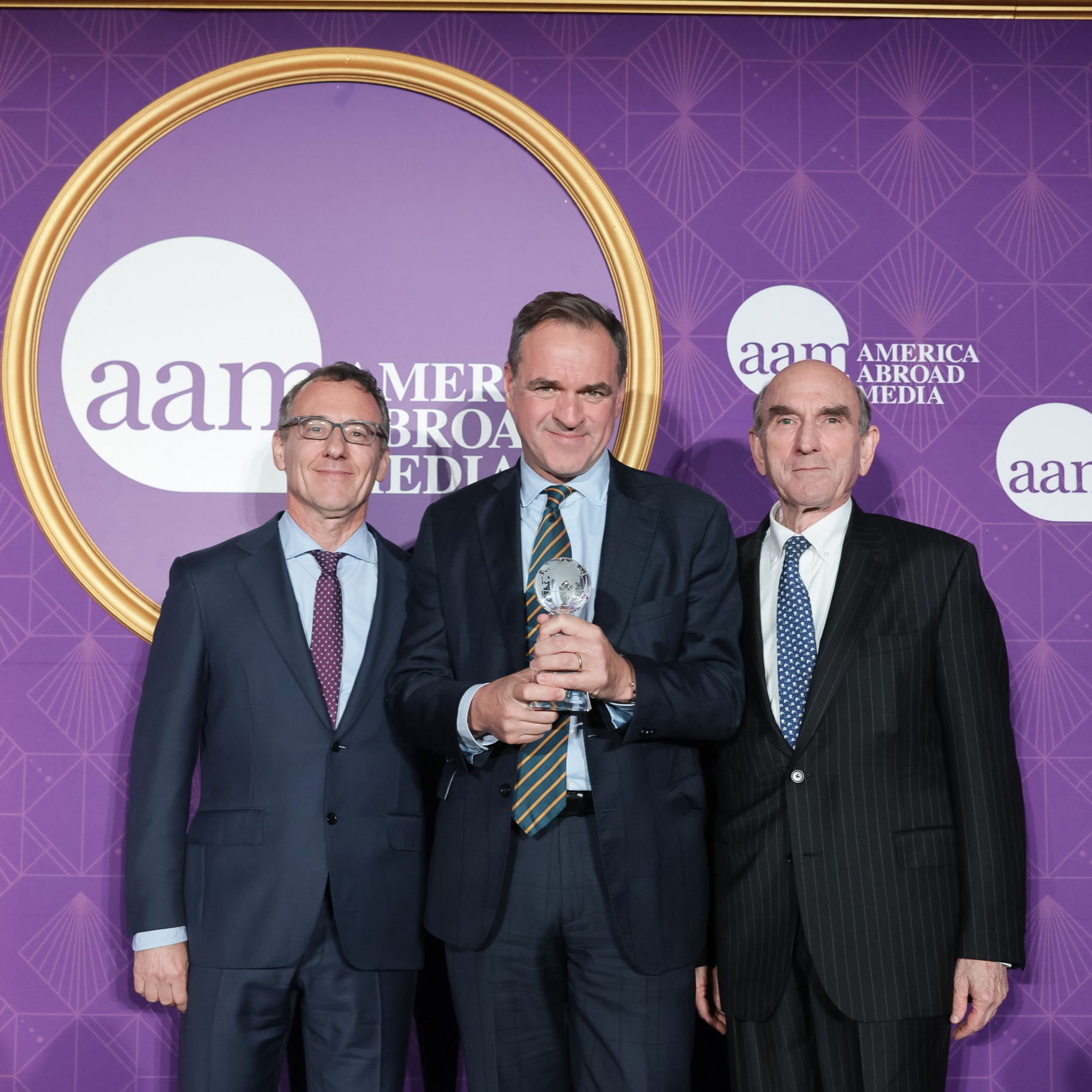 America Abroad Media Founder Aaron Lobel (left), Senior Fellow Sir Niall Ferguson (center) and Elliott Abrams are seen at the America Abroad Media Awards Dinner on October 19, 2026.