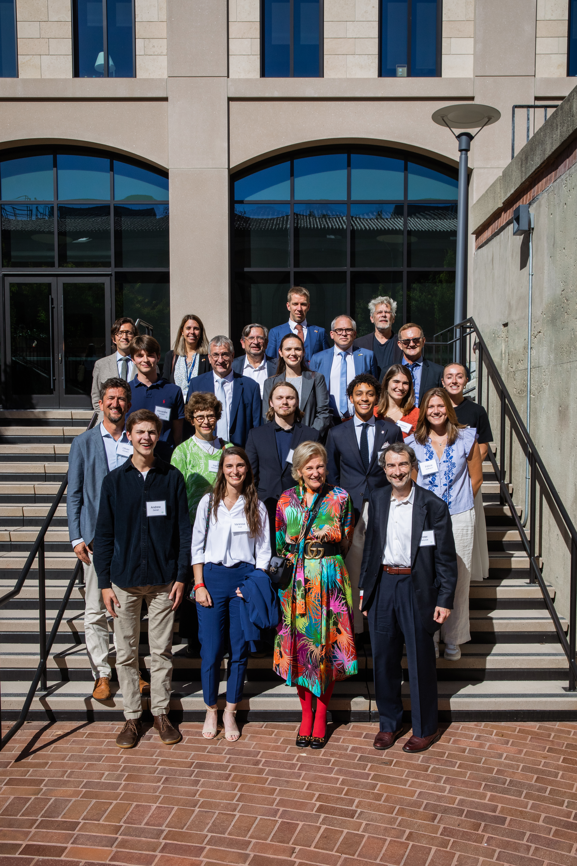 Her Imperial and Royal Highness Princess Astrid of Belgium (front, center) poses with Stanford students and faculty with ties to Belgium at the Hoover Institution on October 7, 2025. (Patrick Beaudouin) 