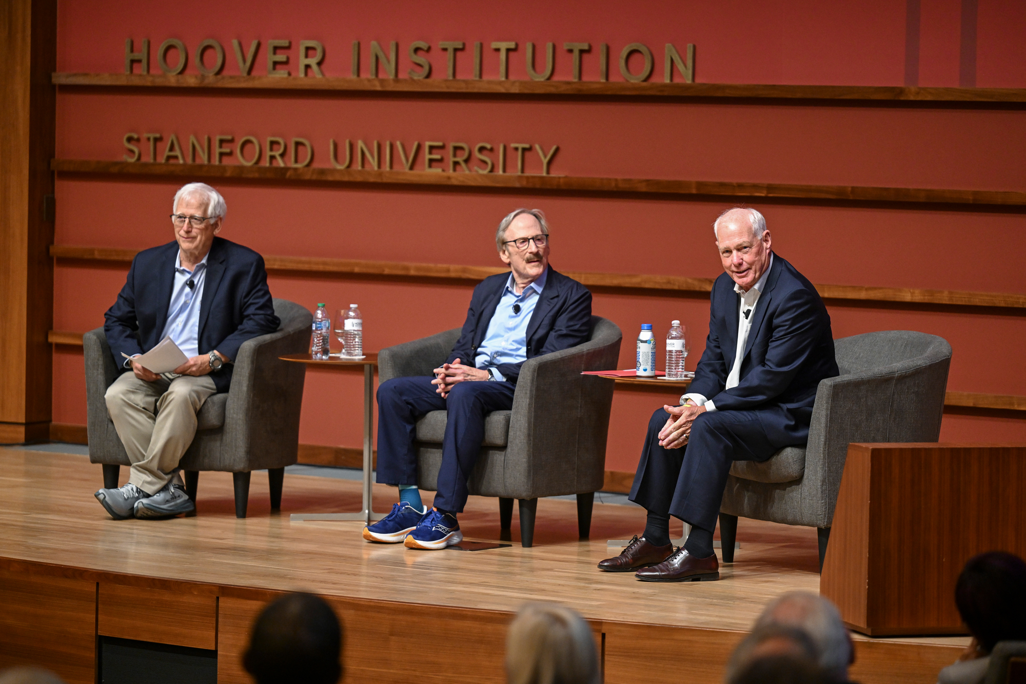 From left to right, Hoover Fellows Steven J. Davis, Michael J. Boskin and John Cogan speak about the legacy of Thomas Sowell in the field of economics on October 20, 2025. (Patrick Beaudouin)