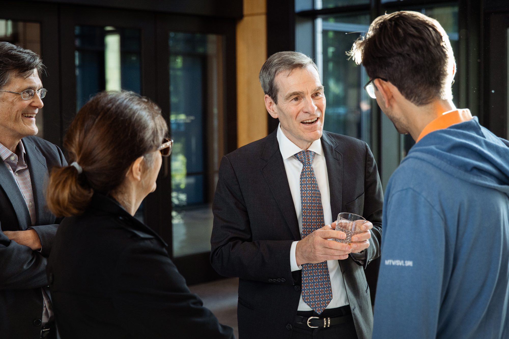 Senior Fellow John Cochrane speaks with supporters in Hoover’s Traitel Pavillion on April 22, 2026. (Patrick Beaudouin)
