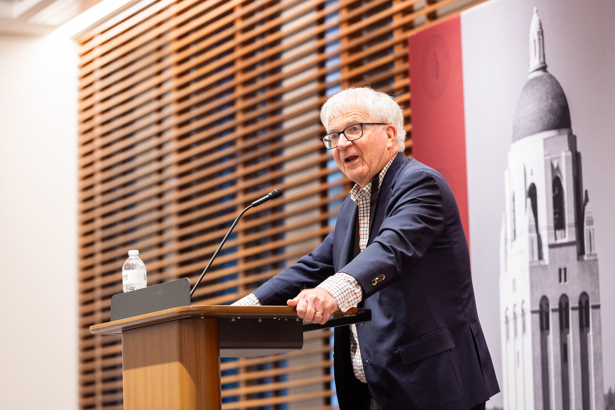 Senior Fellow Michael McConnell speaks to attendees of PEPCON 2026 in Hoover’s Shultz Auditorium on April 16, 2026. (Patrick Beaudouin)