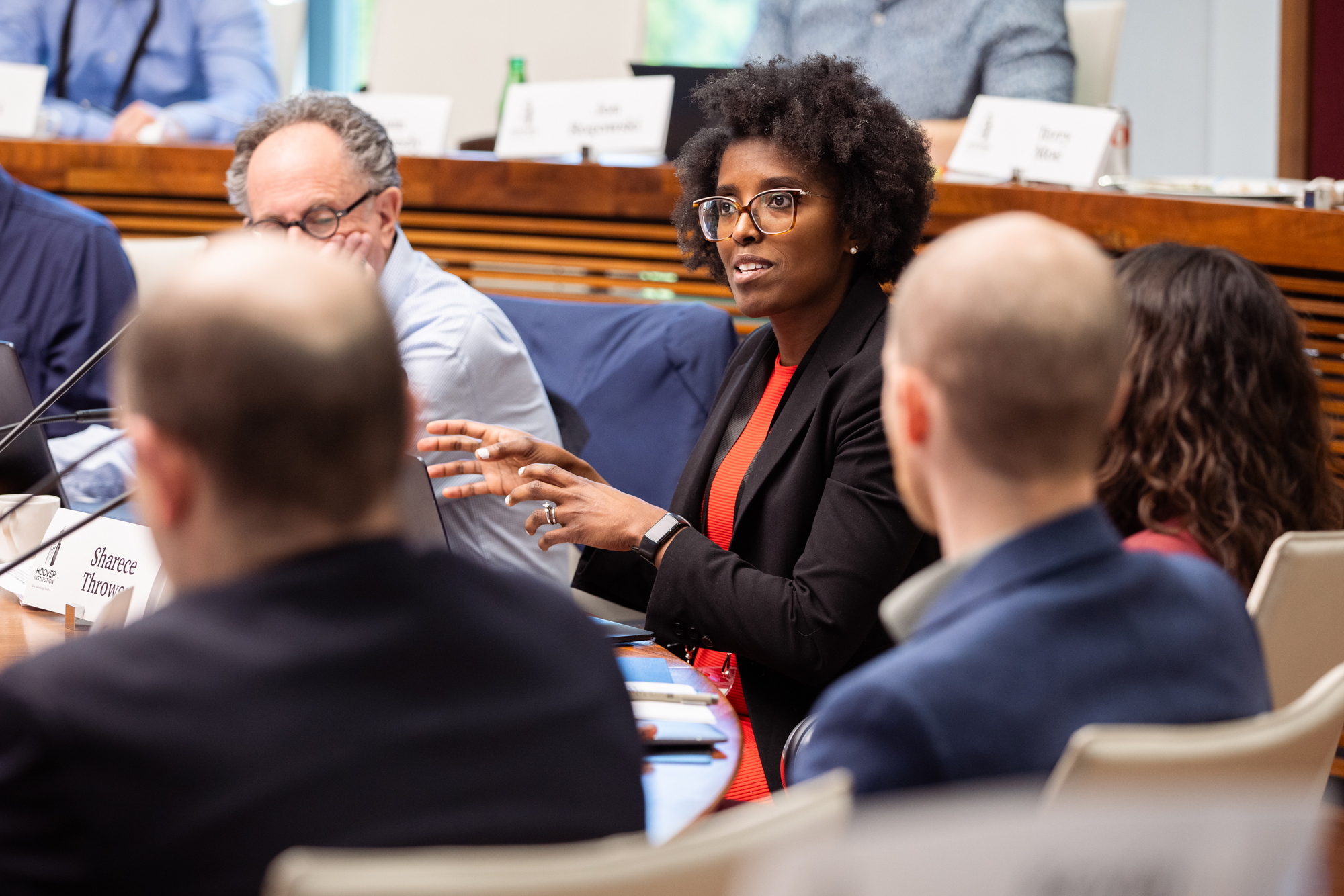 Visiting Fellow Sharece Thrower speaks in Hoover’s Annenberg Conference Room on April 17, 2026. (Patrick Beaudouin)