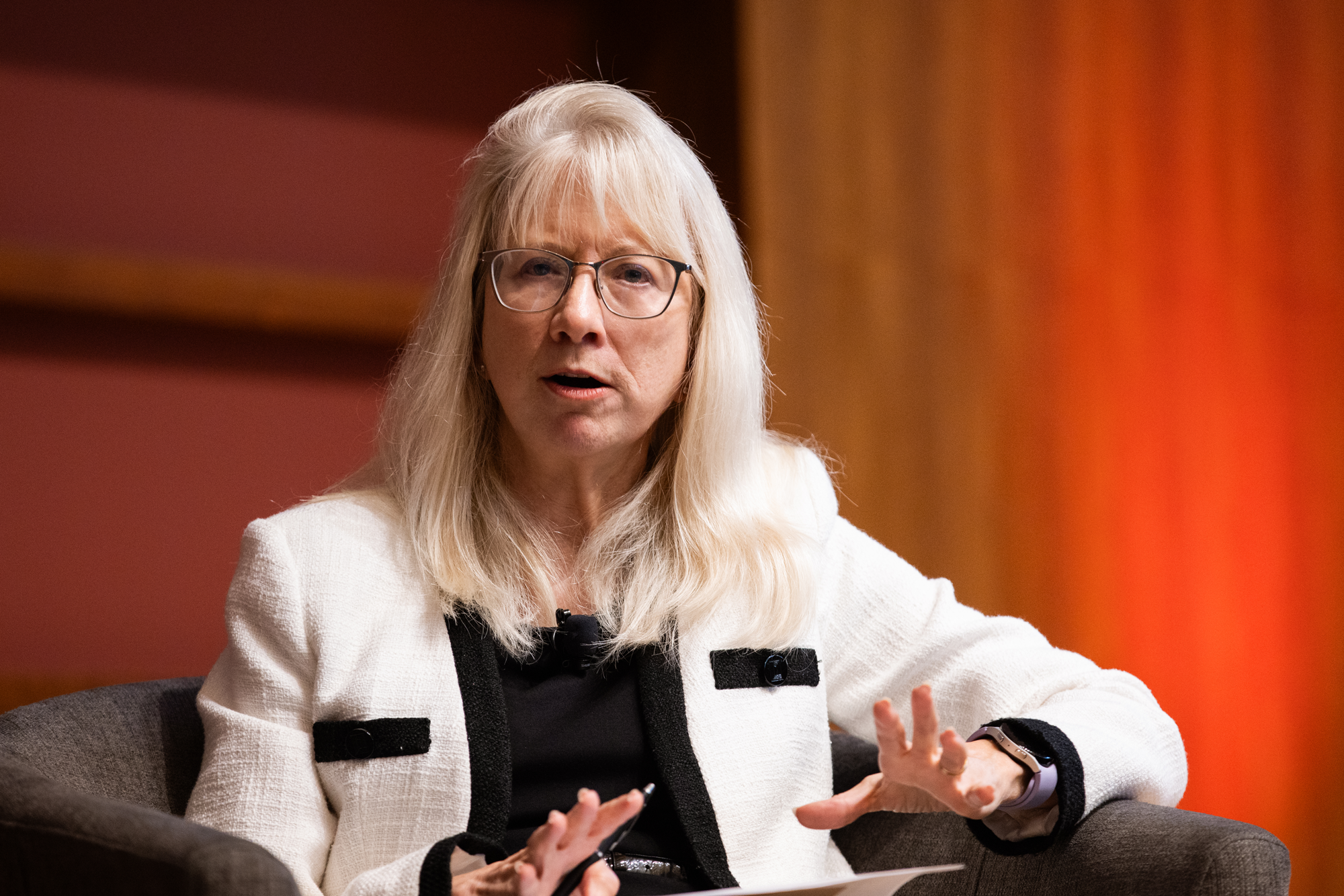 Senior Fellow Valerie Ramey speaks in Hoover’s Hauck Auditorium on May 12, 2026. (Patrick Beaudouin)
