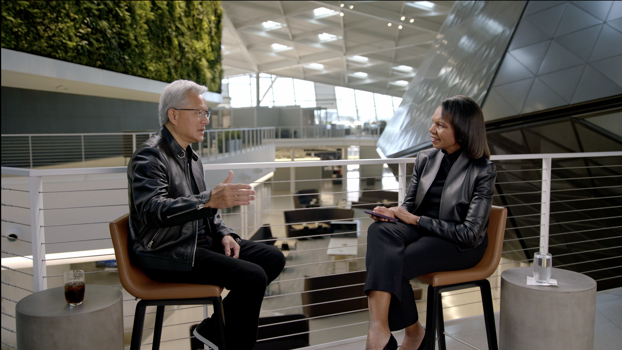 Rice and Huang speak inside NVIDIA's Endeavor Building.