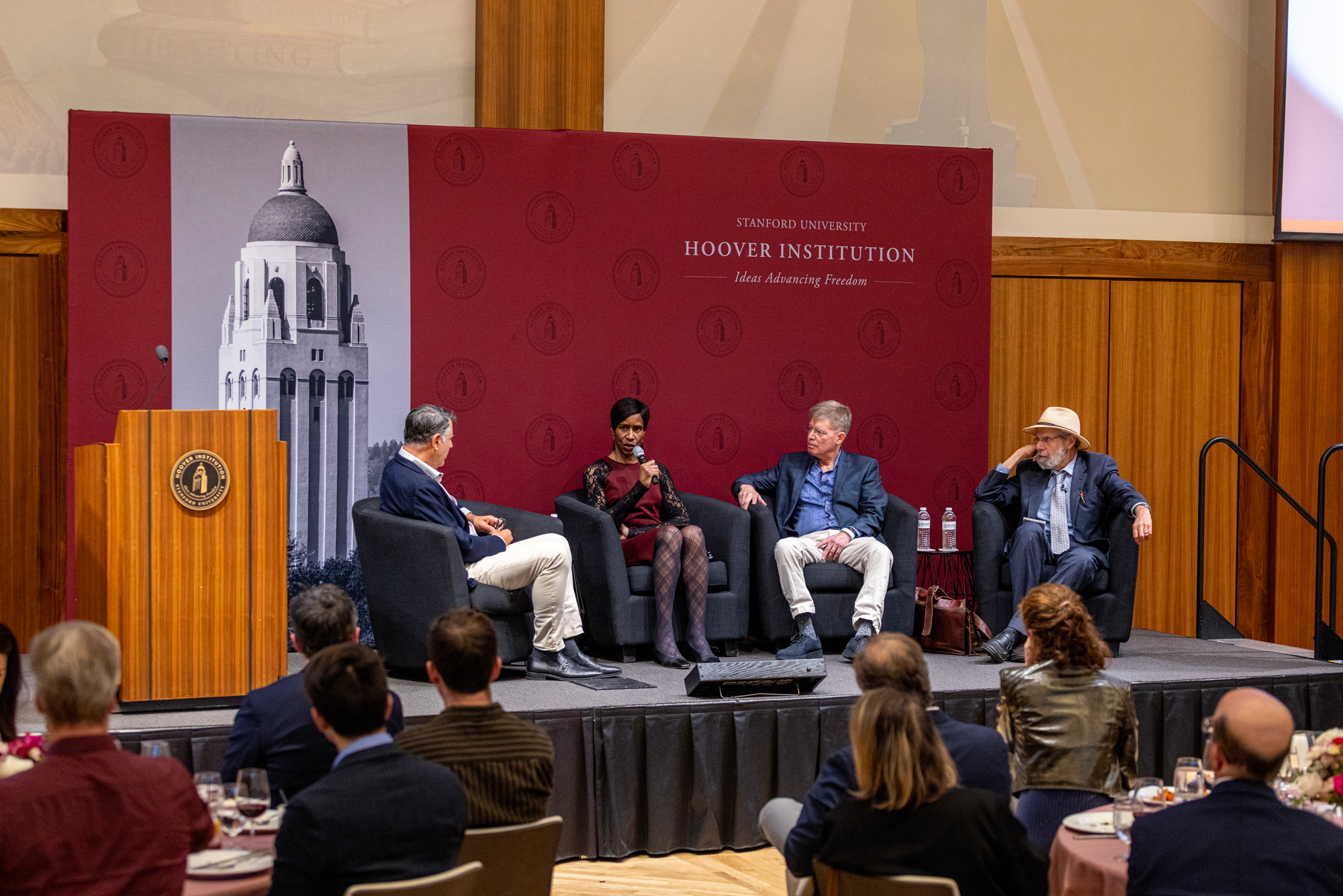 (From left to right) Markos Kounalakis, Ann Simmons, Mark Bauman, and Peter Laufer speak about national and international issues in journalism in Blount Hall on May 14, 2026. (Patrick Beaudouin)