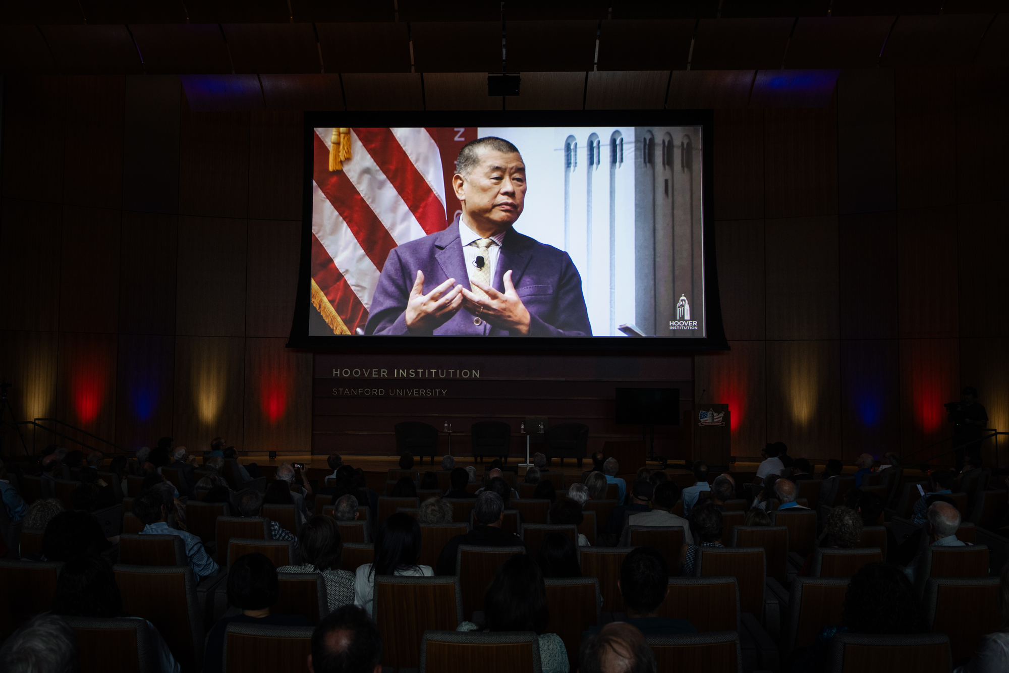 Attendees watched a 2019 conversation between Jimmy Lai and Peter Robinson, recorded before Lai’s imprisonment, in which he explains why he remained in Hong Kong despite the increasing risks to his freedom and personal safety.