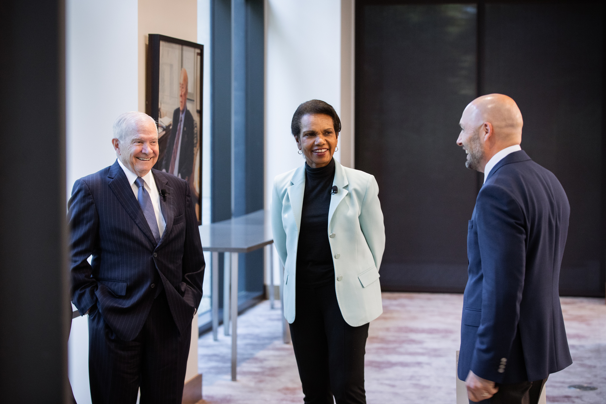 Former US Defense Secretary Robert Gates and Hoover Institution Director Condoleezza Rice are seen in Hoover’s Shultz Building on May 7, 2026. (Patrick Beaudouin)