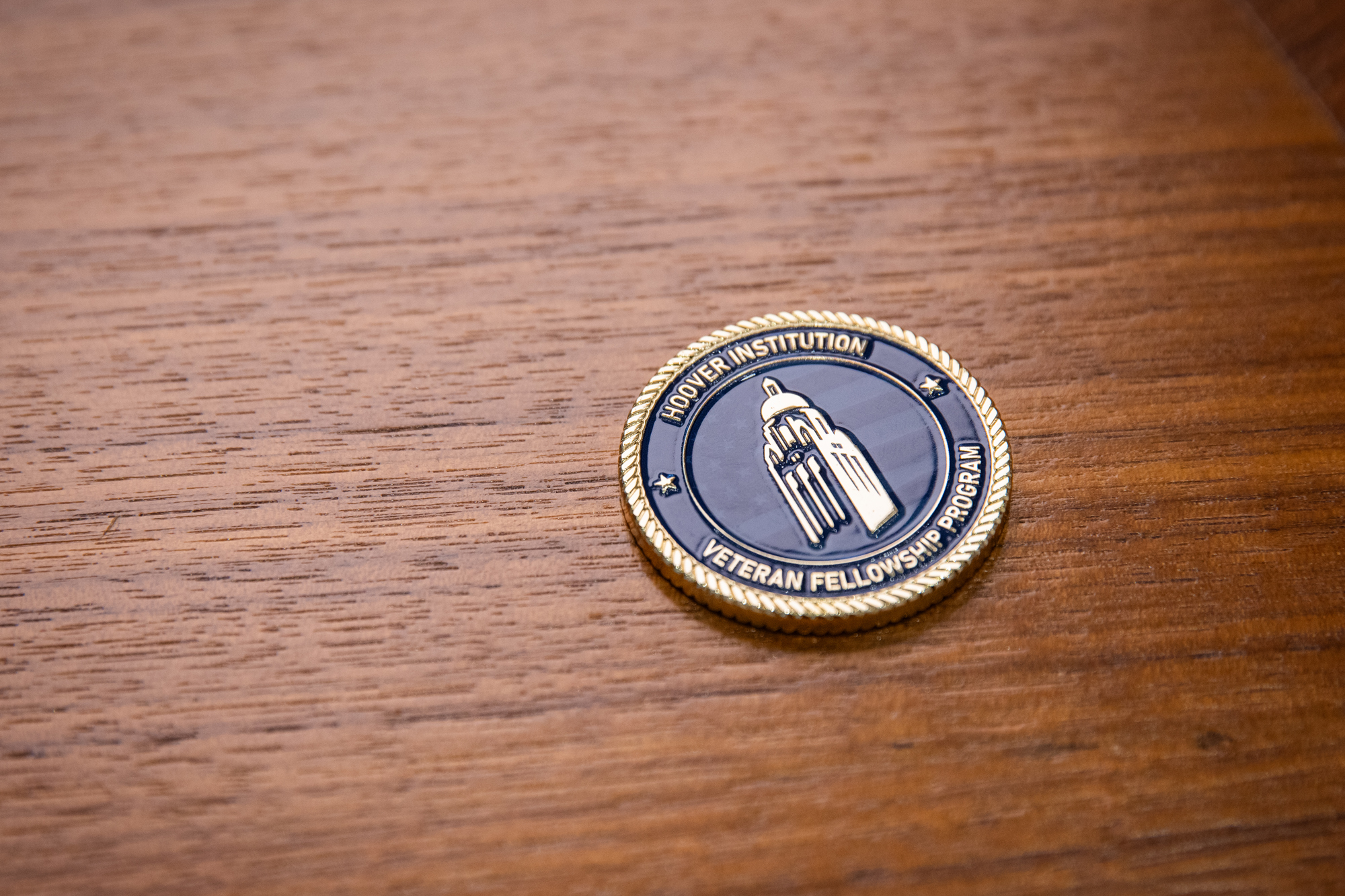 A Hoover Institution “challenge coin” given to participants in the Veteran Fellowship Program is seen on May 6, 2026. (Patrick Beaudouin)