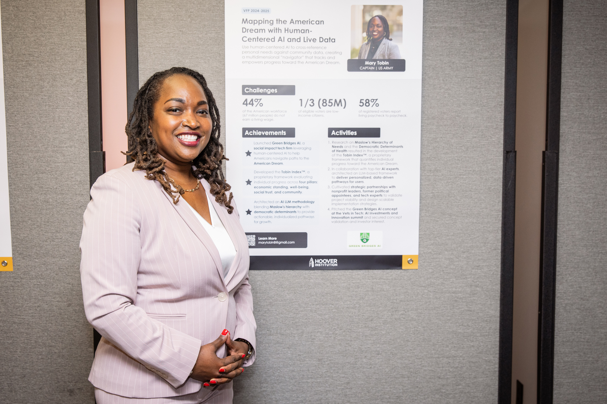 US Army Capt. Mary Tobin (ret.) displays progress on her VFP Capstone project in Hoover’s Stauffer Auditorium on May 7, 2026. (Patrick Beaudouin)