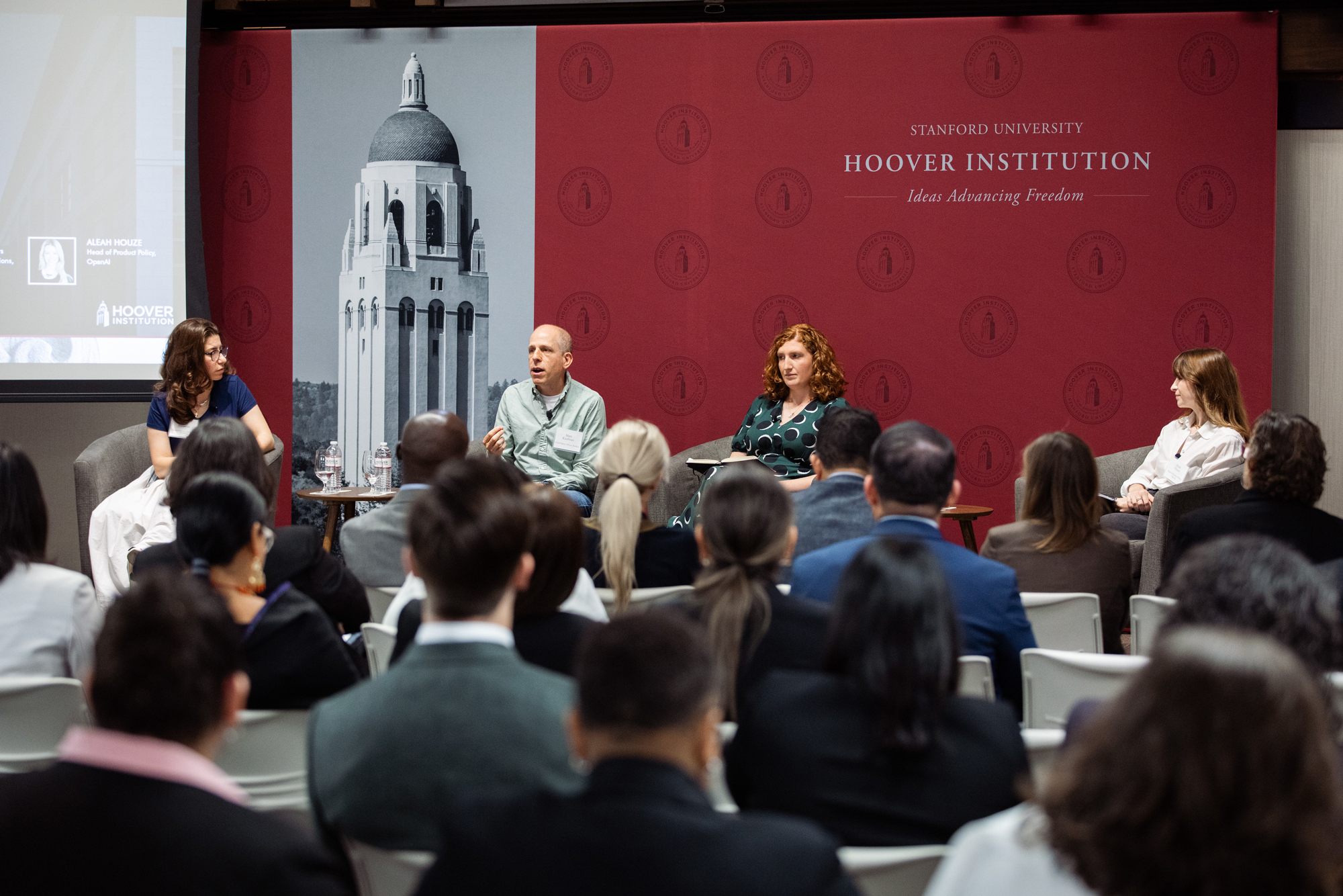 Hoover Research Fellow Sarah Shirazyan (left) speaks alongside Matt Kaufman of Roblox, Jess Lishak of the Tech Coalition and Aleah Houze of OpenAI on July 21, 2026.