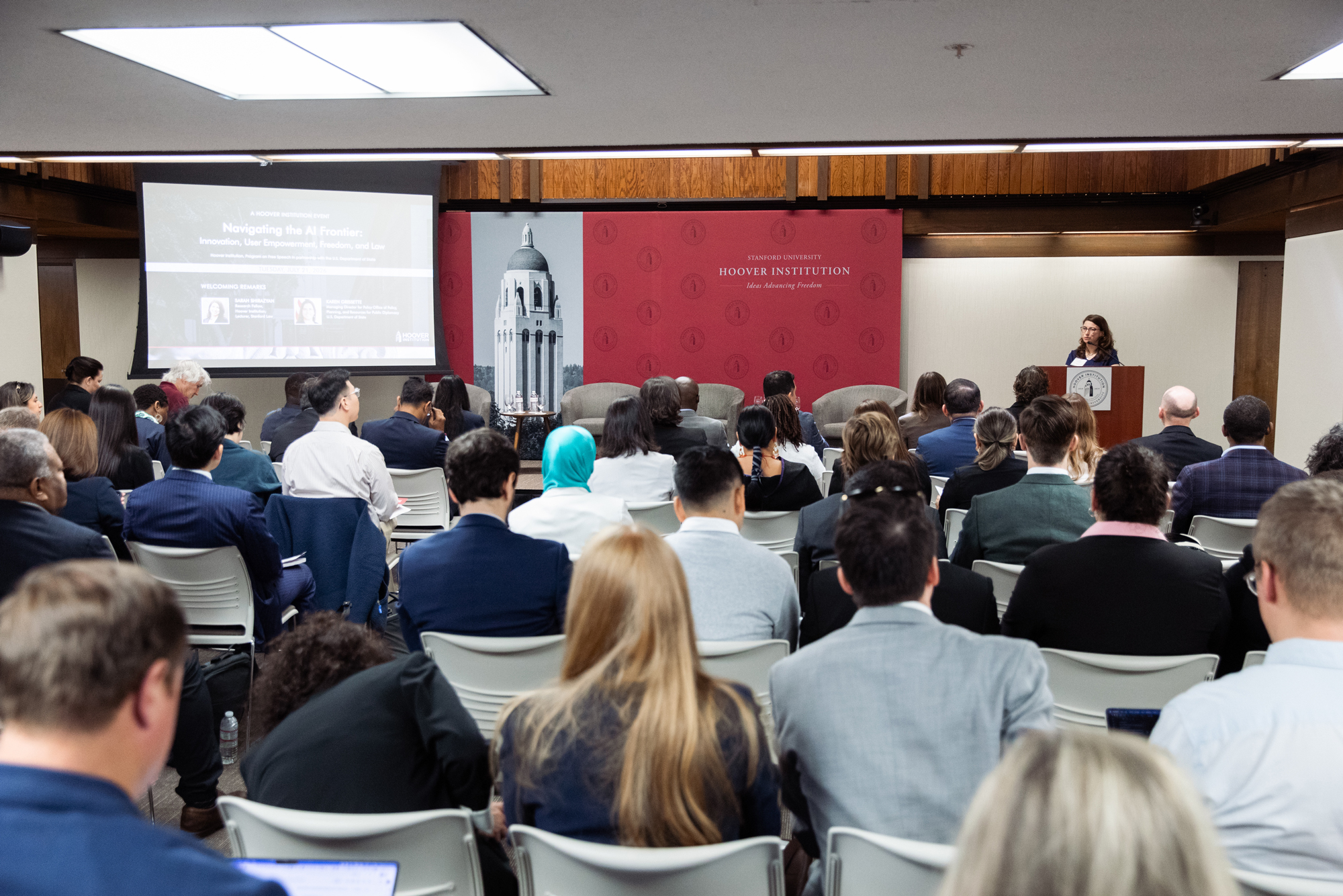 Hoover Research Fellow Sarah Shirazyan (right) speaks to US and foreign diplomats and policymakers in Hoover’s Stauffer Auditorium on July 21, 2026. 