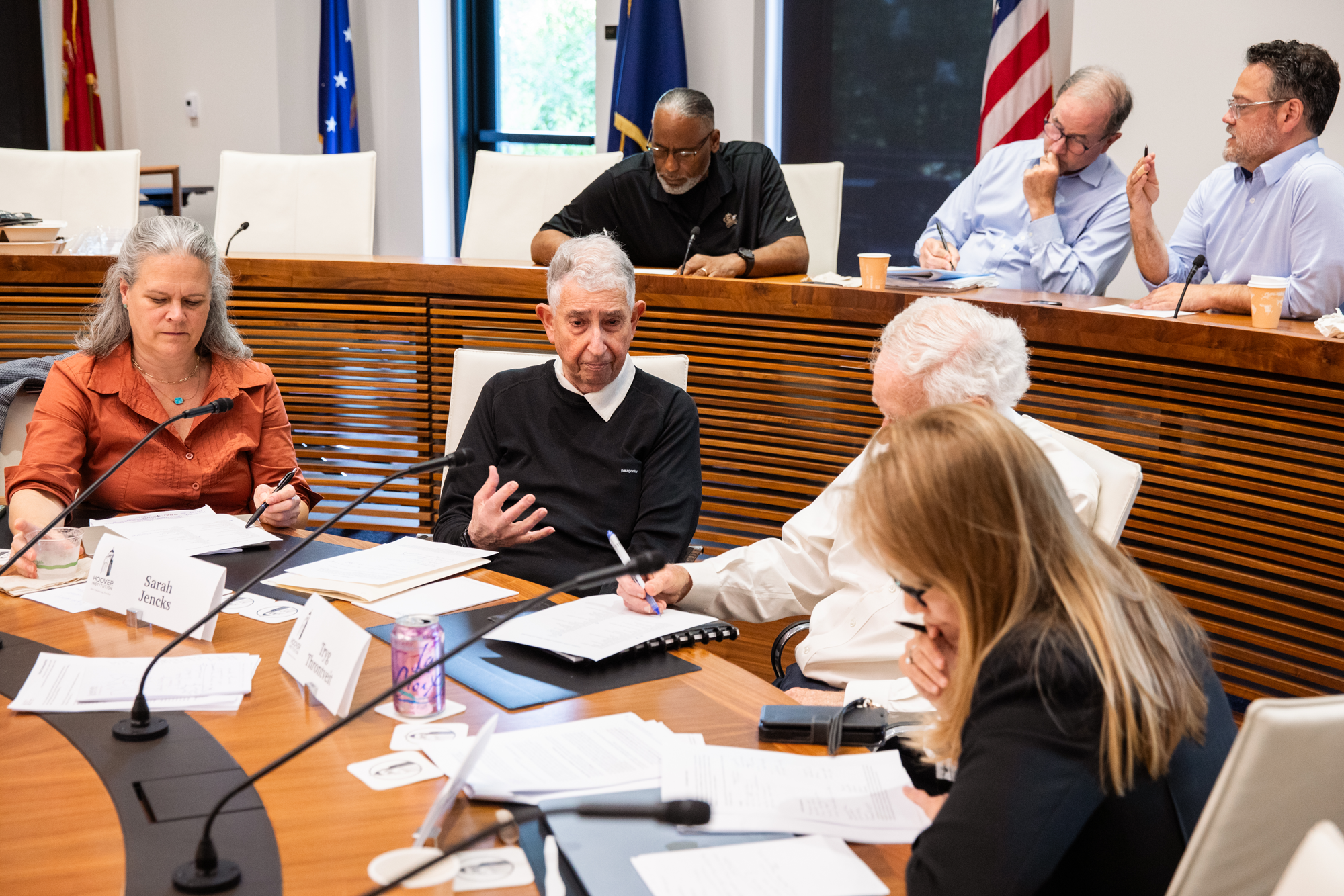 Participants in RAI’s Civics Conversation gathering including Sarah Jencks and Senior Fellow Chester E. Finn Jr. (center) are seen in Annenberg Conference Room on July 20, 2026. (Patrick Beaudouin)