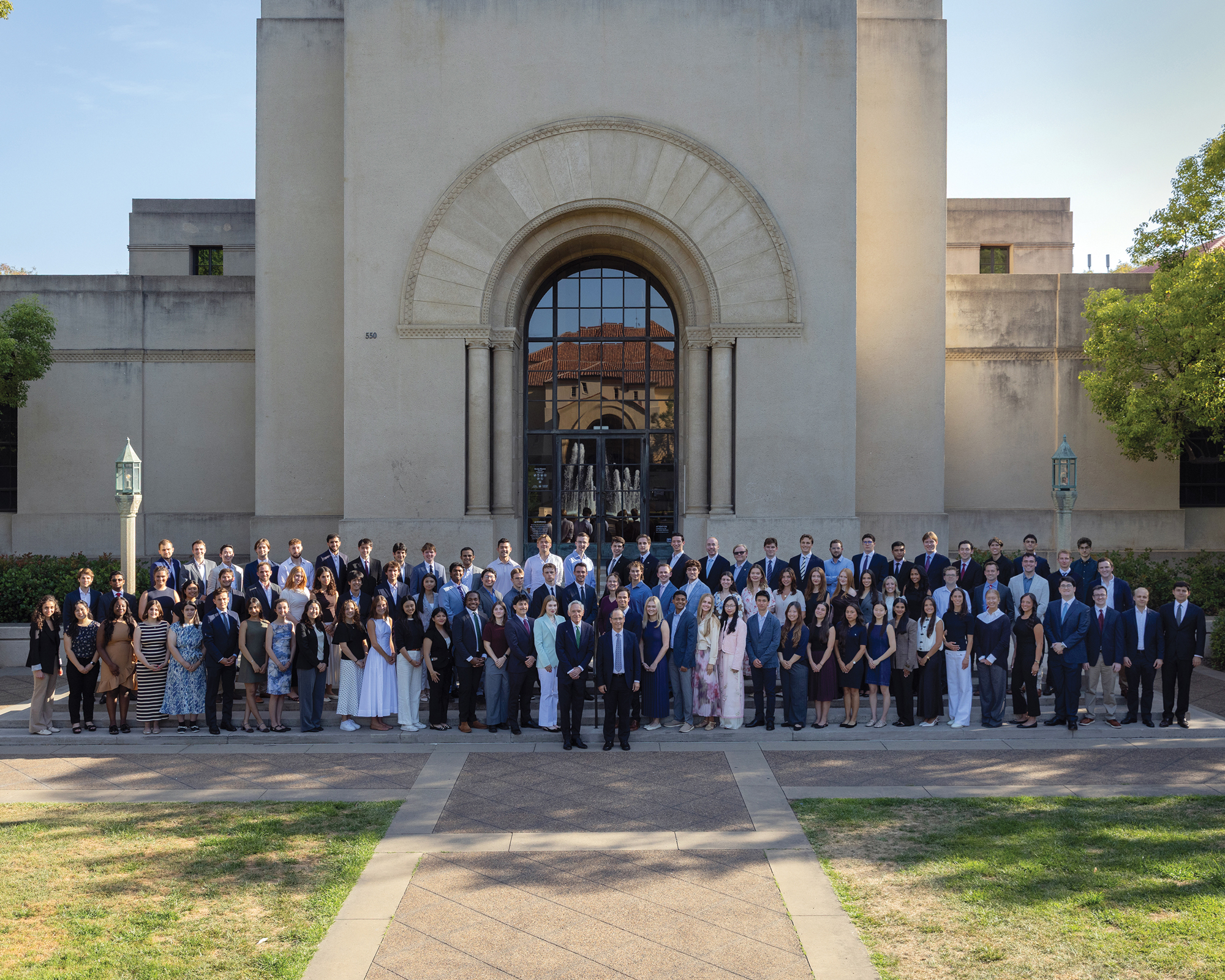 Attendees of the 2026 Hoover Institution Summer Policy Bootcamp are seen in front of Hoover Tower on August 10, 2026. (Patrick Beaudouin)