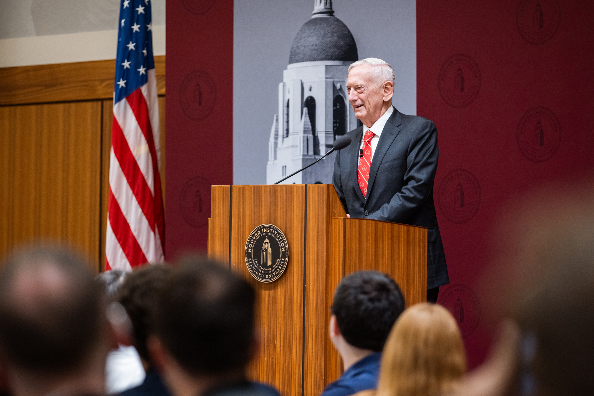 Distinguished Fellow Gen. Jim Mattis speaks to 2026 HISPBC attendees in Blount Hall on August 11, 2026. (Patrick Beaudouin)