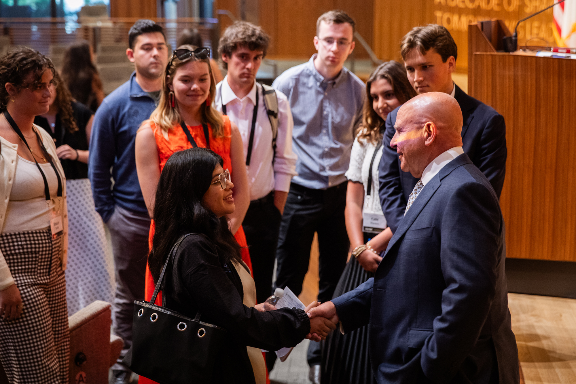 HISPBC attendees speak with Senior Fellow H.R. McMaster following his lecture in Hauck Auditorium on August 13, 2026. (Patrick Beaudouin)