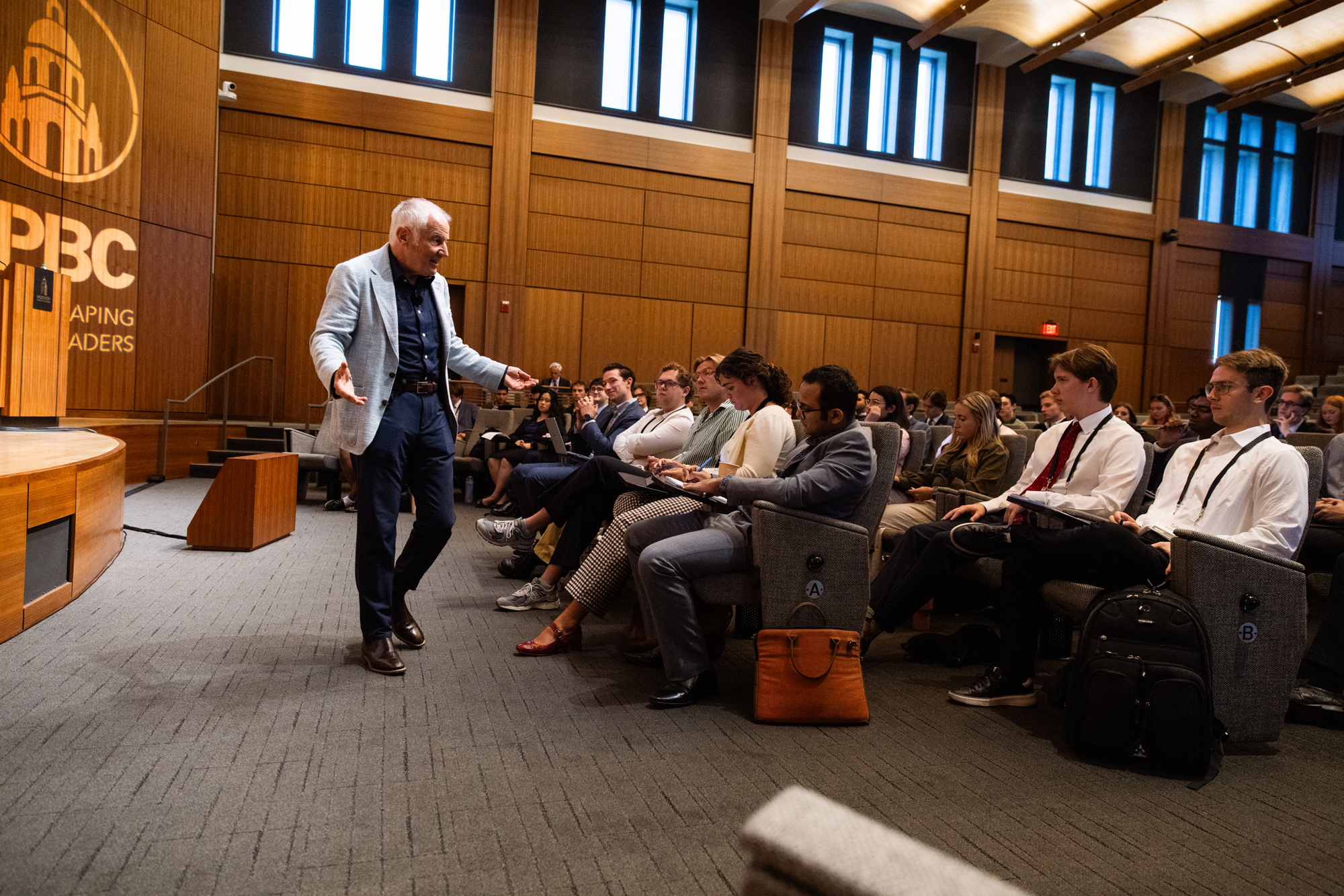 Senior Fellow Stephen Kotkin speaks to 2026 HISPBC attendees about illiberal regimes in Hauck Auditorium on August 13, 2026. (Patrick Beaudouin)