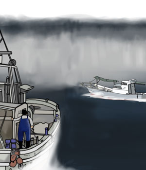 kamishibai illustration of boats in a tsunami