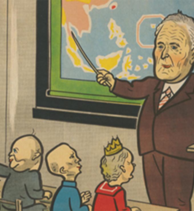 Japanese kamishibai card illustration showing President Roosevelt teaching a class of world leaders using a map of Southeast Asia.