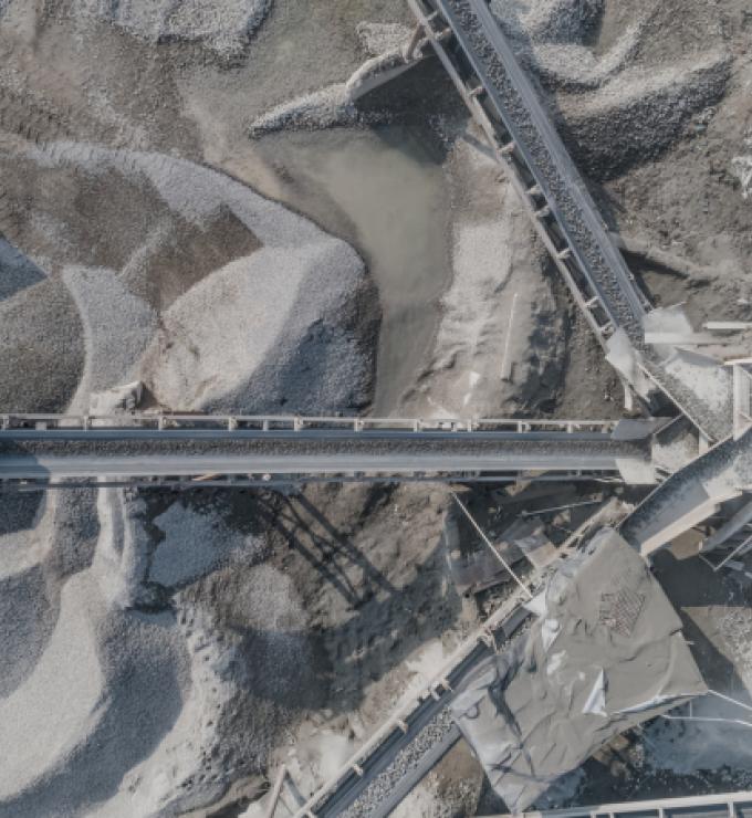 Aerial view of crushed stone quarry machine in a construction material factory stock photo