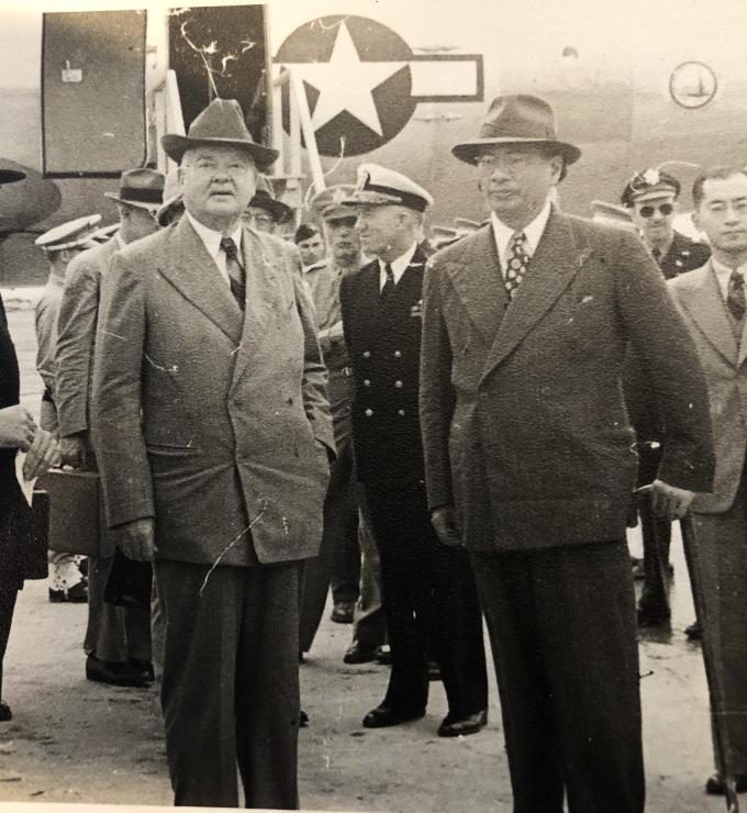 TV Soong greets Herbert Hoover at the Nanking airport, May 1946