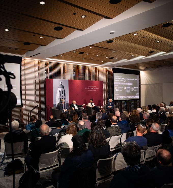 Attendees of the inaugural George P. Shultz Lecture on Human Rights are seen in Shultz Auditorium on February 12, 2025. (Patrick Beaudouin)