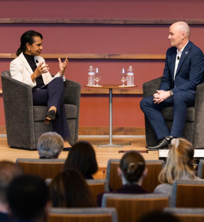 Hoover Institution Director Condoleezza Rice and Utah Governor Spencer Cox speak at the iCivics Civic Learning Week National Forum at the Hoover Institution on March 13, 2025. (Patrick Beaudouin)