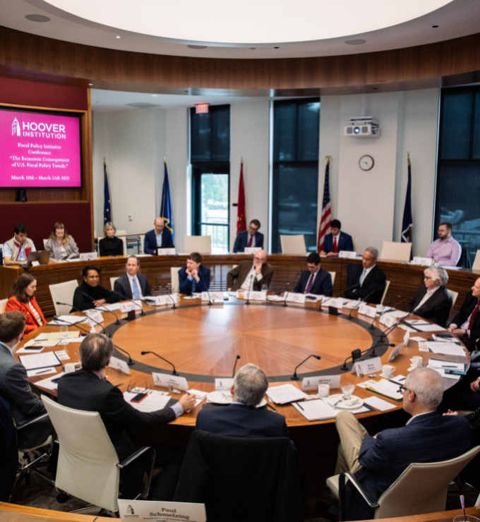 Attendees of the Fiscal Policy Initiative Conference are seen in Annenberg Conference Room at the Hoover Institution on March 10, 2025. (Patrick Beaudouin) 