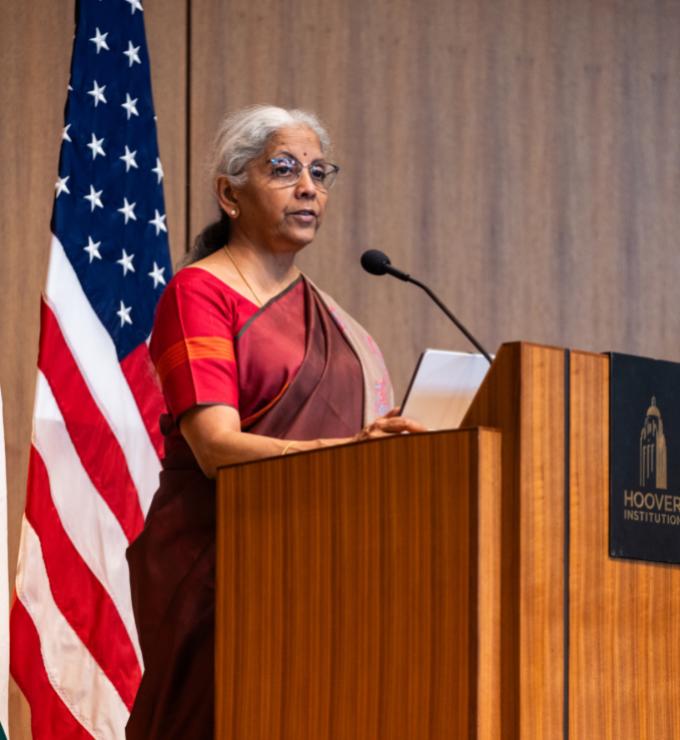Indian Finance Minister Nirmala Sitharaman speaks about India’s modernization efforts in Hauck Auditorium on April 21, 2025. (Patrick Beaudouin)