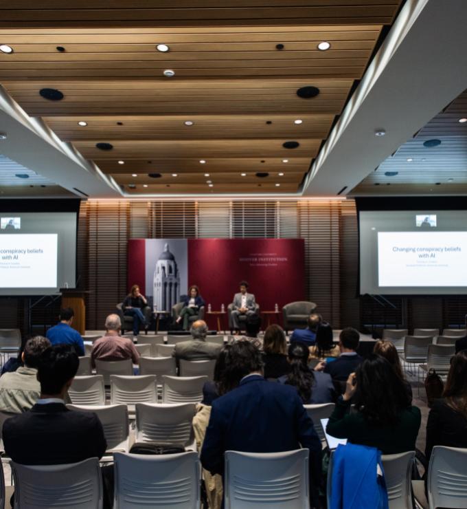 Attendees of the Social Media and Democratic Practice conference are seen in Shultz Auditorium on March 17, 2025. (Patrick Beaudouin)