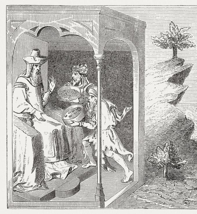 Kublai Khan (1216-1294) and pearl fishers, wood engraving, published in 1888 stock illustration