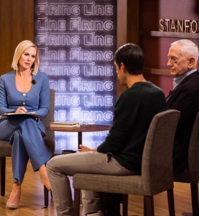 The Firing Line host Margaret Hoover speaks with Distinguished Fellow Jim Mattis and author Ryan Holiday in Hauck Auditorium on March 18, 2026. (Patrick Beaudouin)